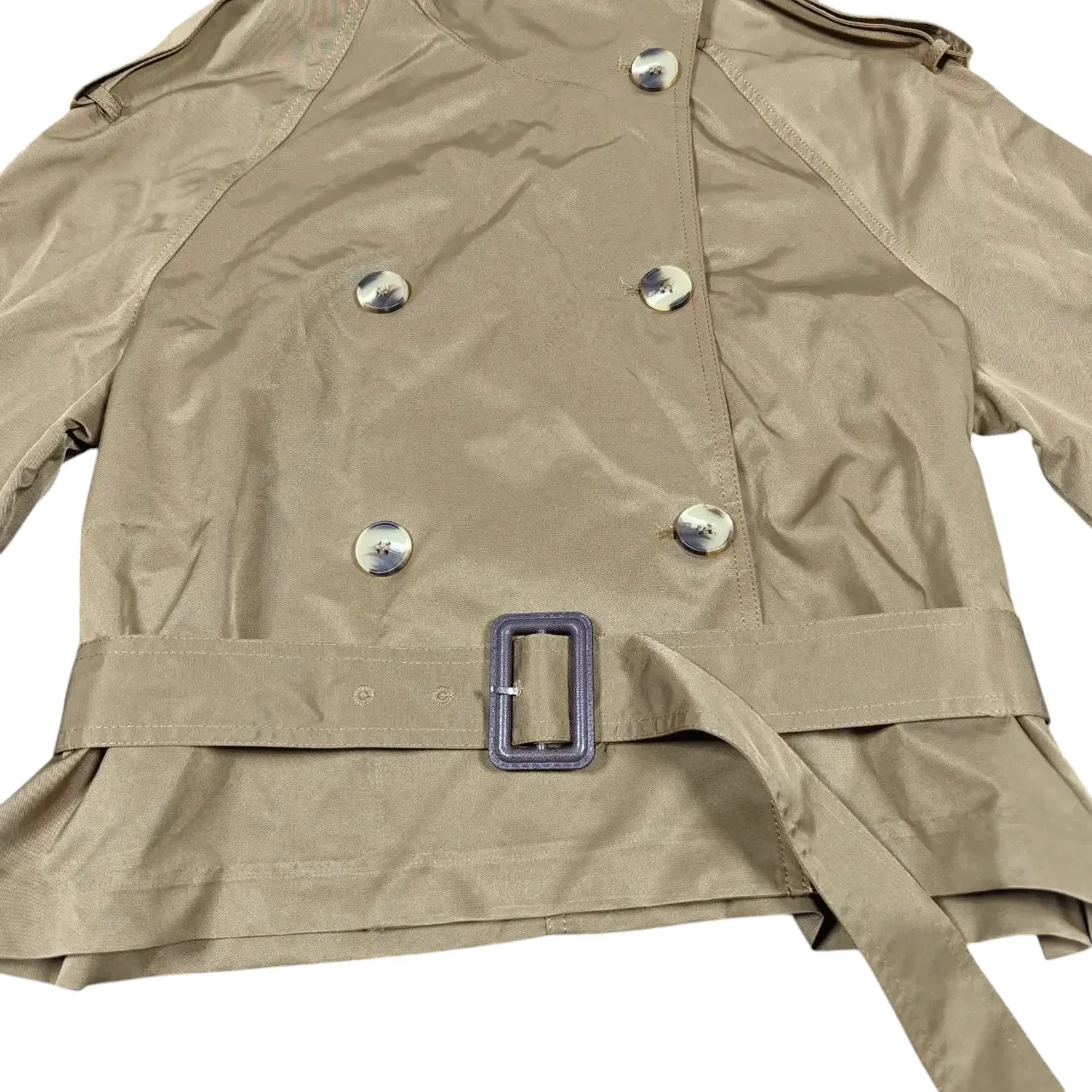 Women's Cropped Double-Breasted Trench Jacket Khaki Beige Belted Size M thumbnail 3