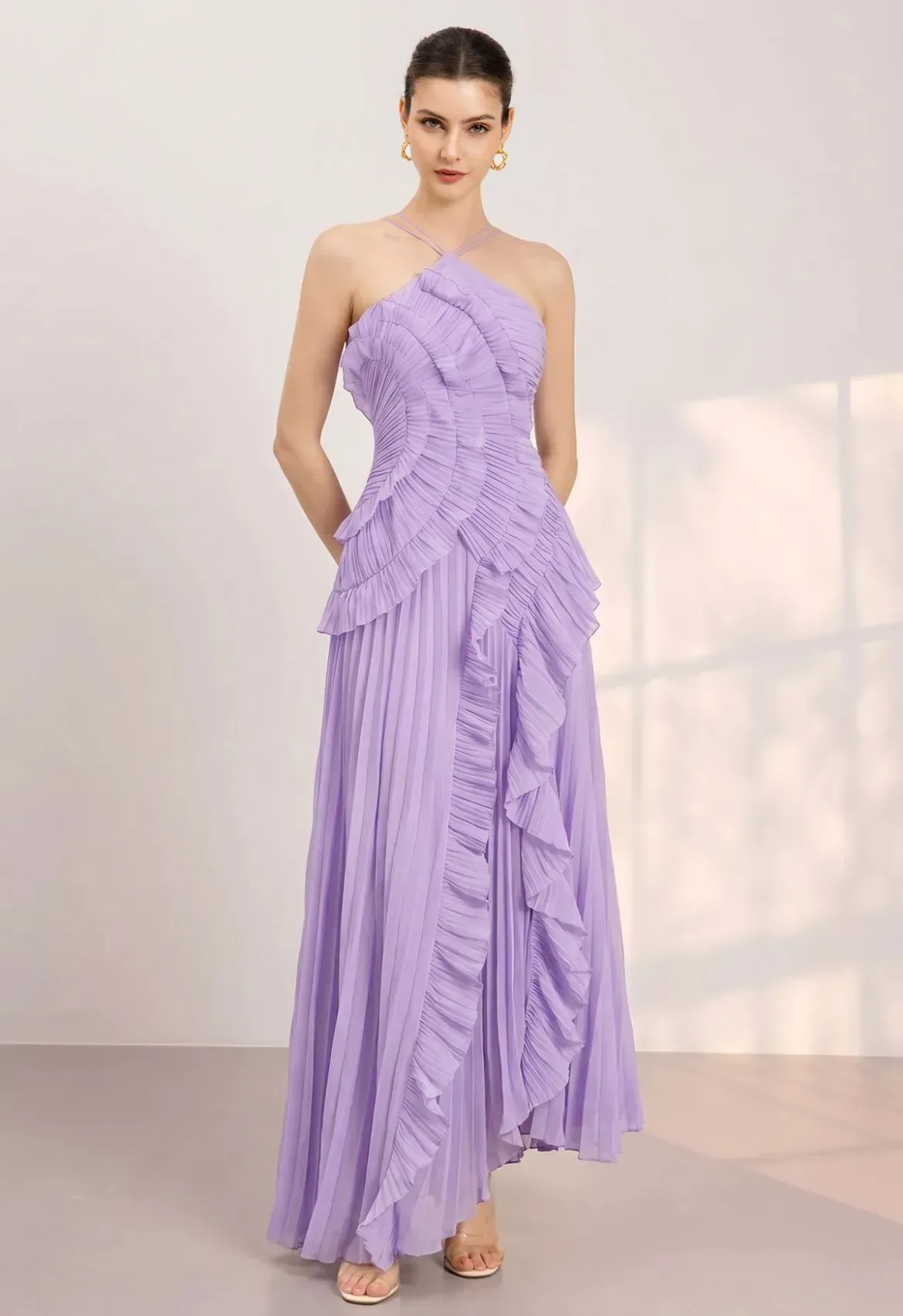 Lilac Asymmetrical Ruffle Pleated Maxi Dress Size S NWOT