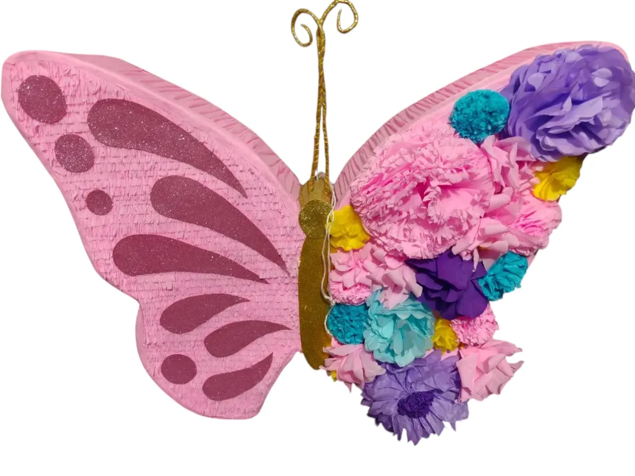 Large Pink Butterfly Piñata with Flowers & Glitter, Party Decoration