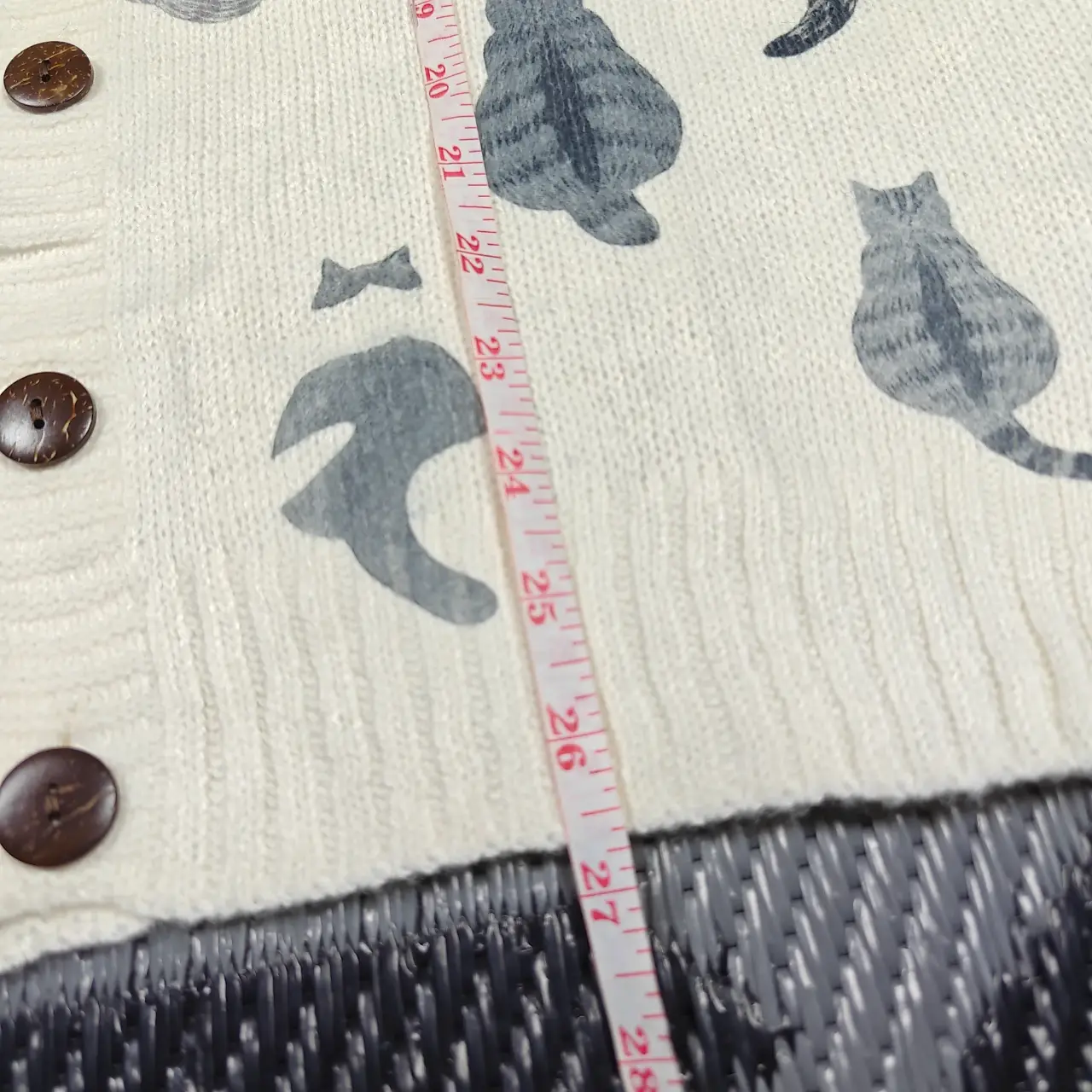 Cute Cat Print Button-Front Knit Cardigan Sweater Cream Size L thumbnail 5