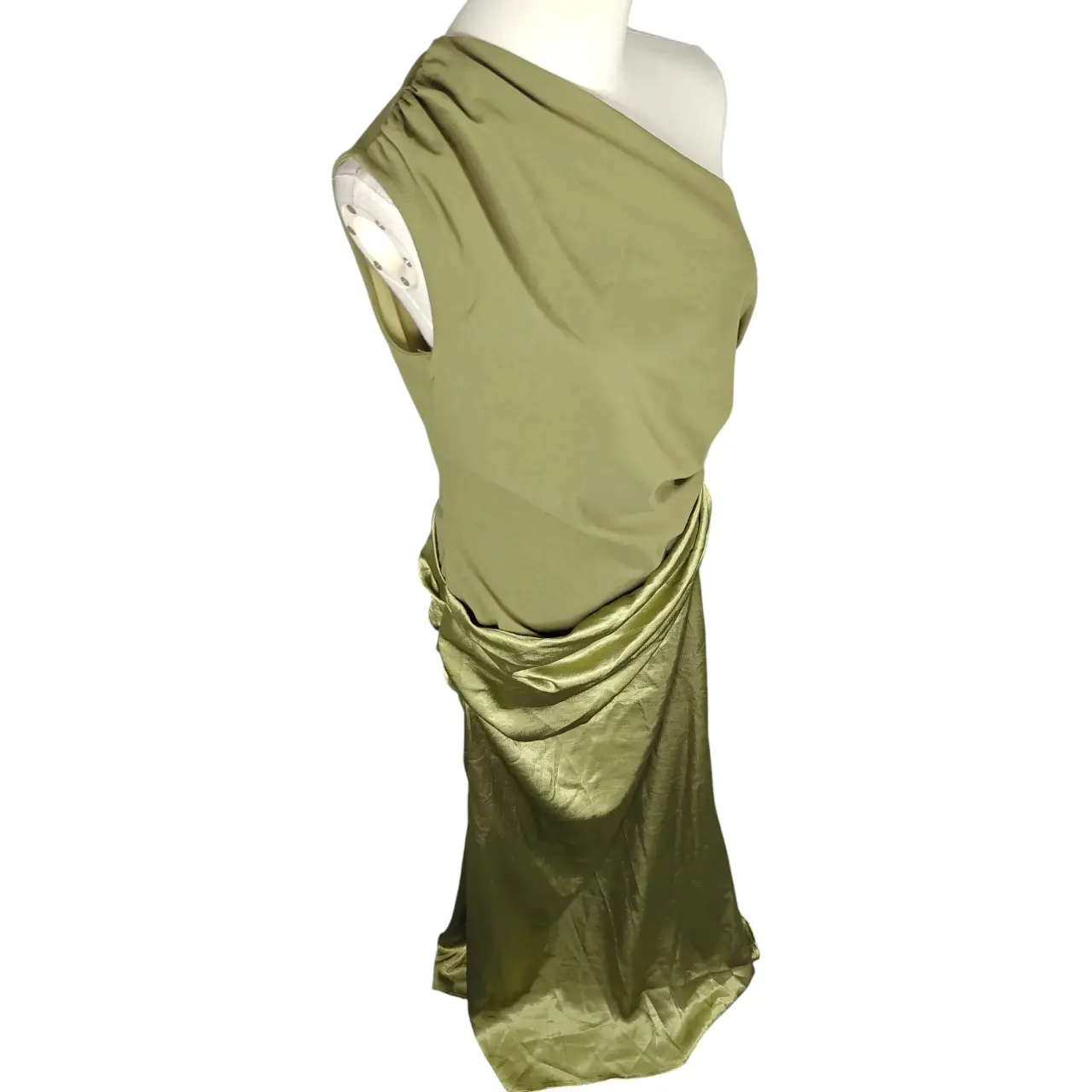 One Shoulder Ruched Satin Draped Maxi Dress in Olive Green thumbnail 3
