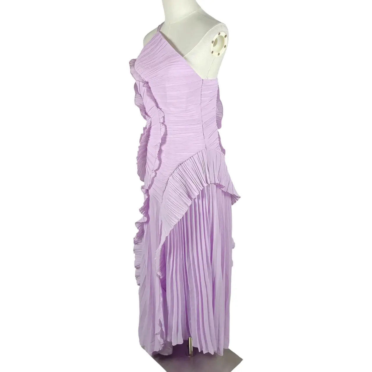 Lilac Pleated One-Shoulder Asymmetrical Tiered Ruffle Maxi Dress Size L thumbnail 4