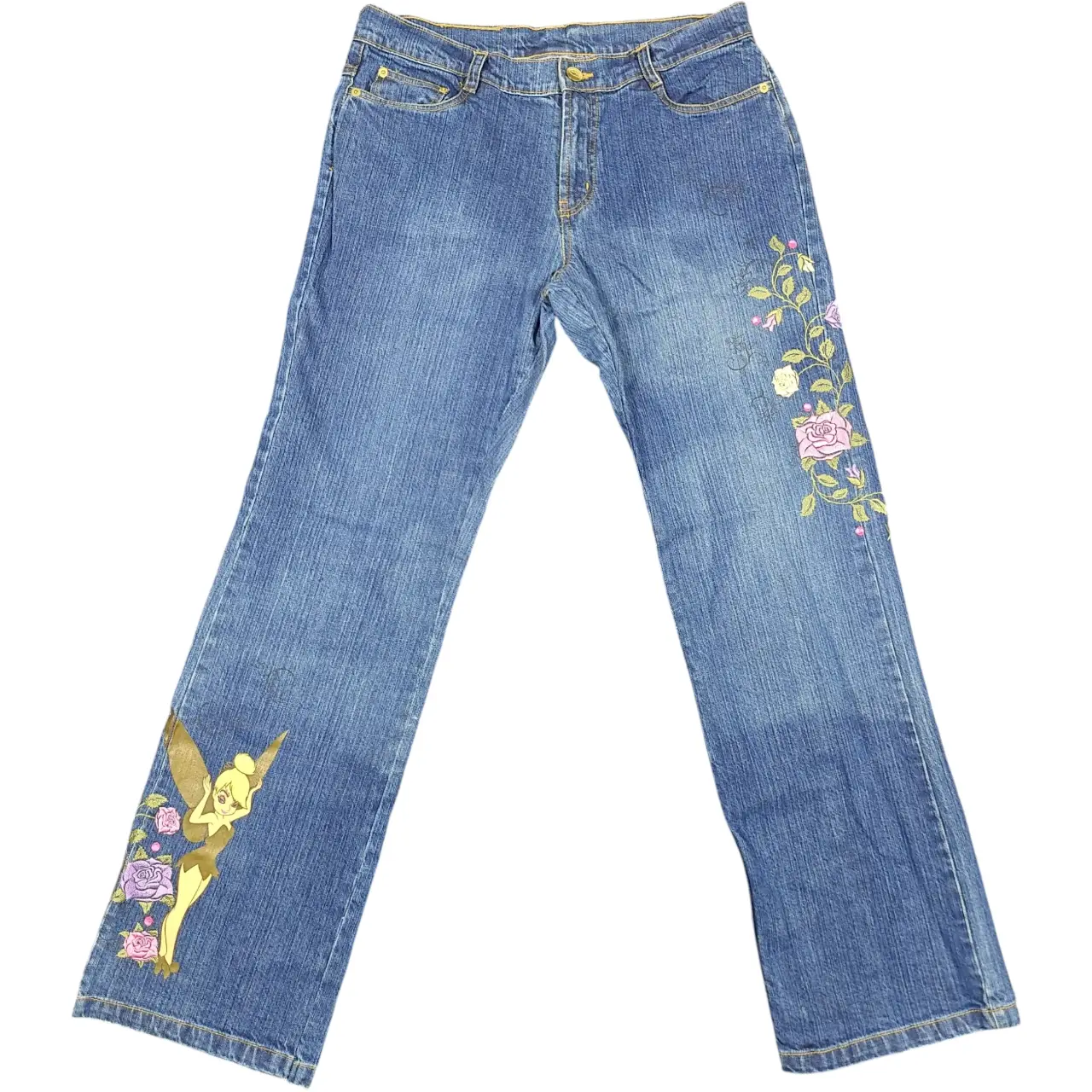 Disney Store Vintage Y2K Tinker Bell Floral Embroidered Denim Jeans Size 12