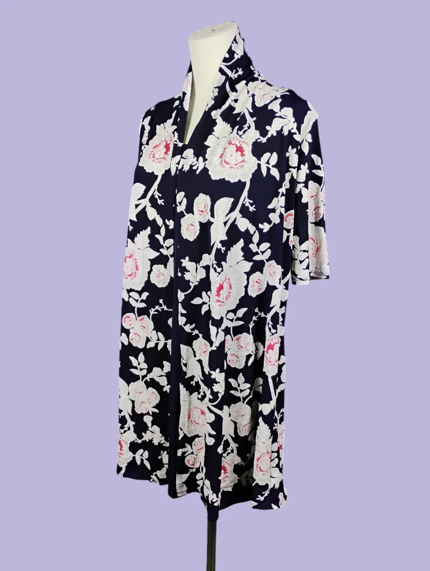 SJS Floral Kimono Duster Cardigan Navy White Pink Women's Size M thumbnail 3