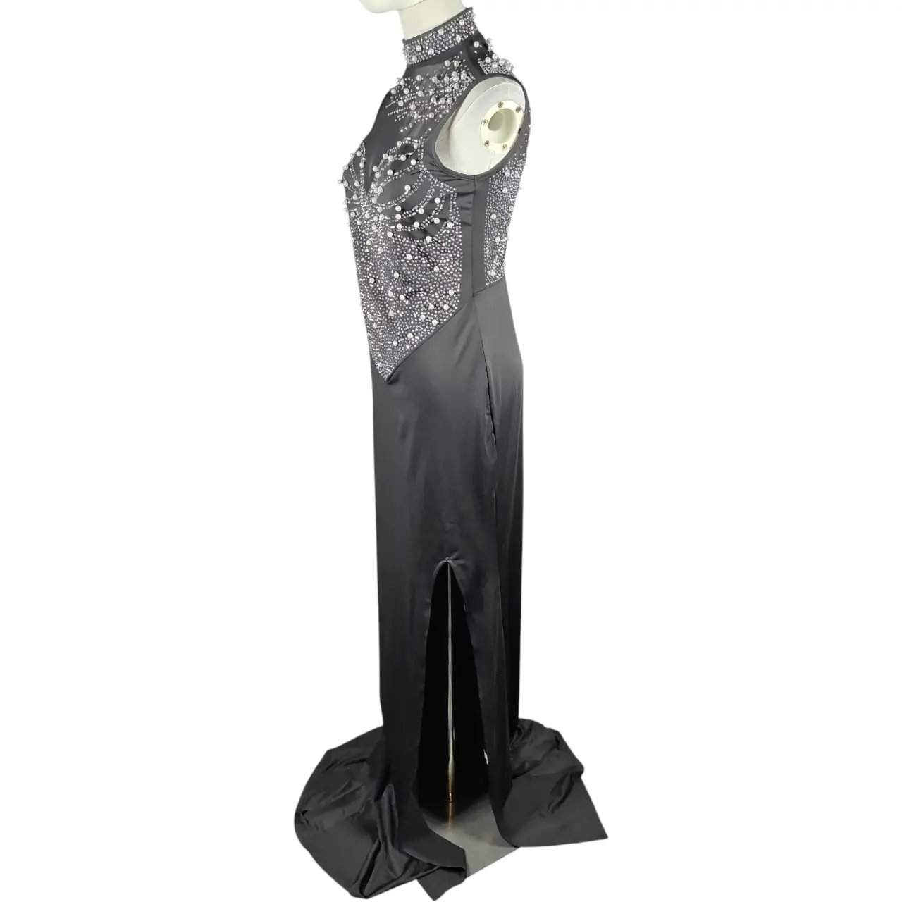 Black Pearl & Rhinestone Embellished Illusion Slit Maxi Evening Gown Size L thumbnail 3
