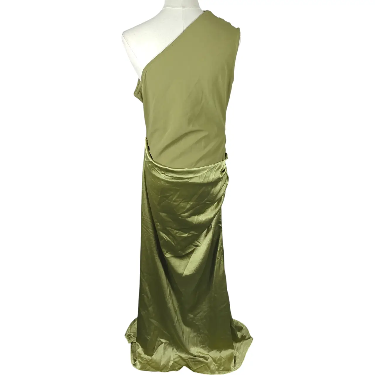 One Shoulder Ruched Satin Draped Maxi Dress in Olive Green thumbnail 5