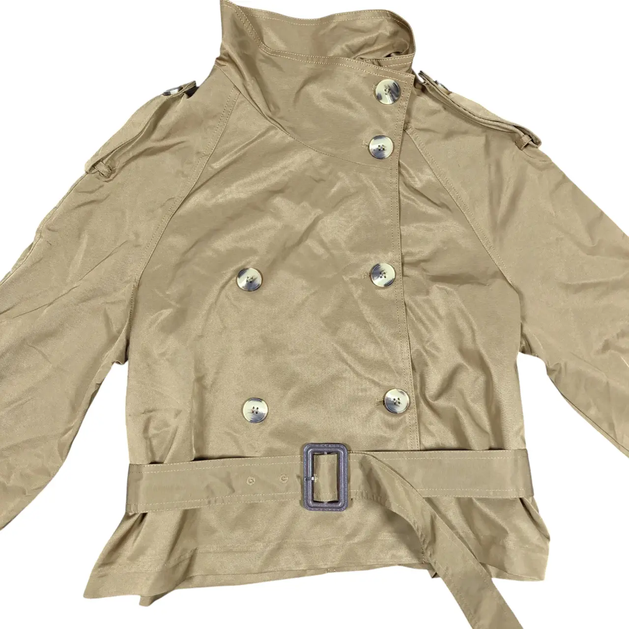 Women's Cropped Double-Breasted Trench Jacket Khaki Beige Belted Size M thumbnail 2