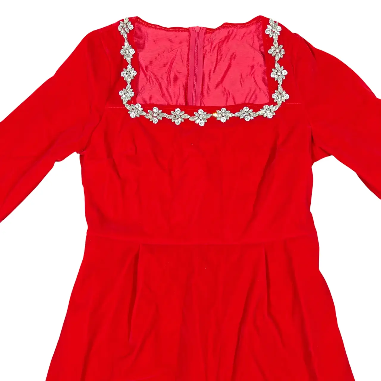 Red Velvet Crystal Embellished Square Neck Long Sleeve Mini Dress Size S thumbnail 2