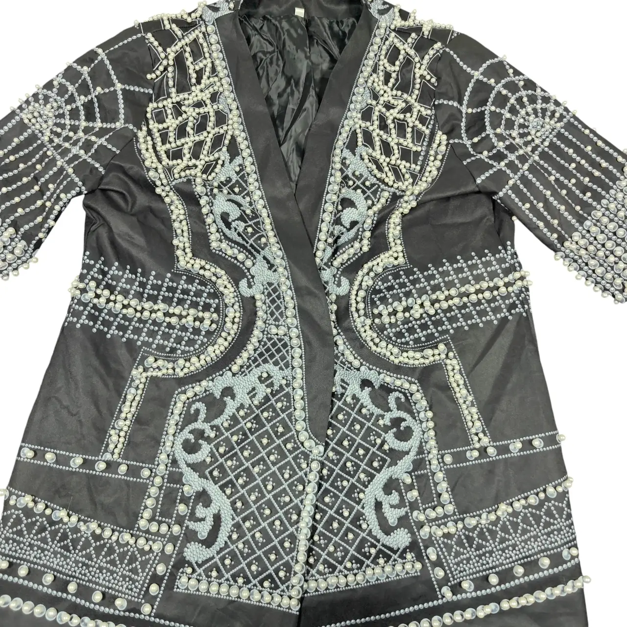 Faux Pearl Studded Baroque Print Open Front Blazer Jacket Black Plus Size 4XL thumbnail 2
