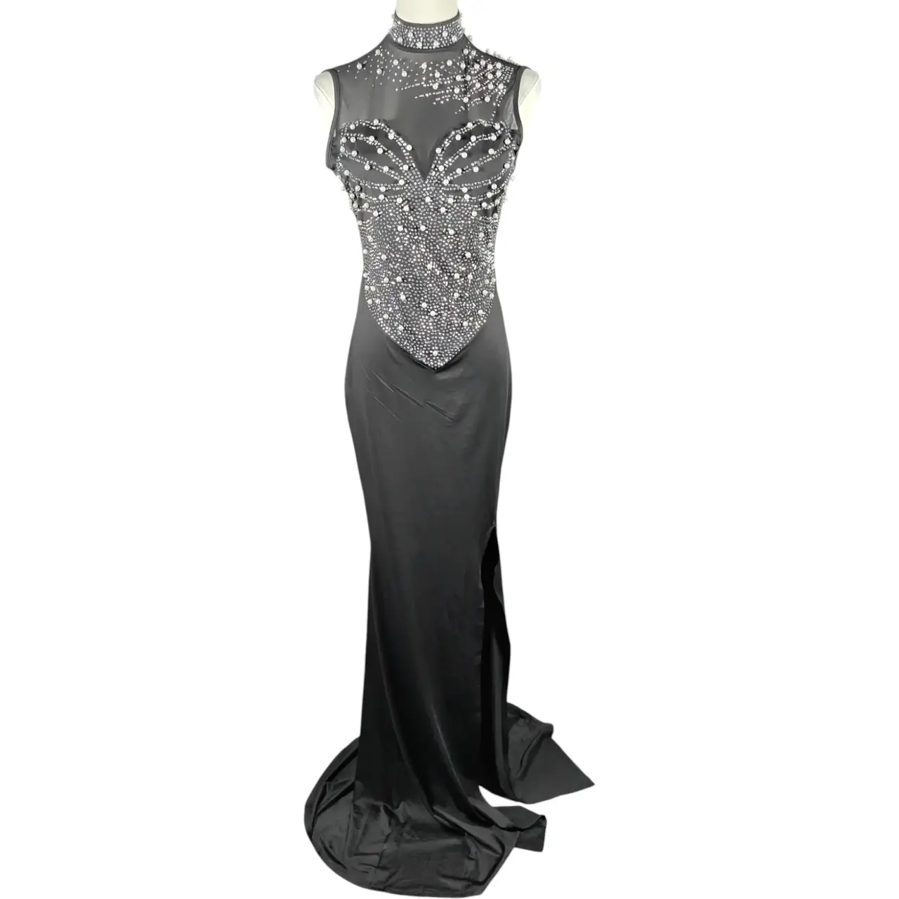 Black Pearl & Rhinestone Embellished Illusion Slit Maxi Evening Gown Size L