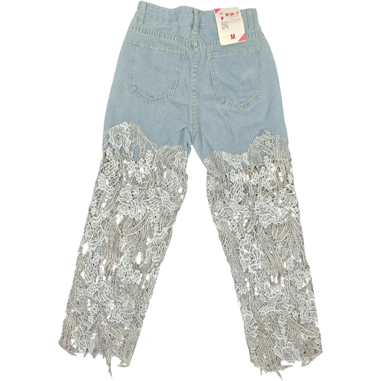 Women's High Rise Lace Patchwork Cutout Wide Leg Jeans Size M New thumbnail 4