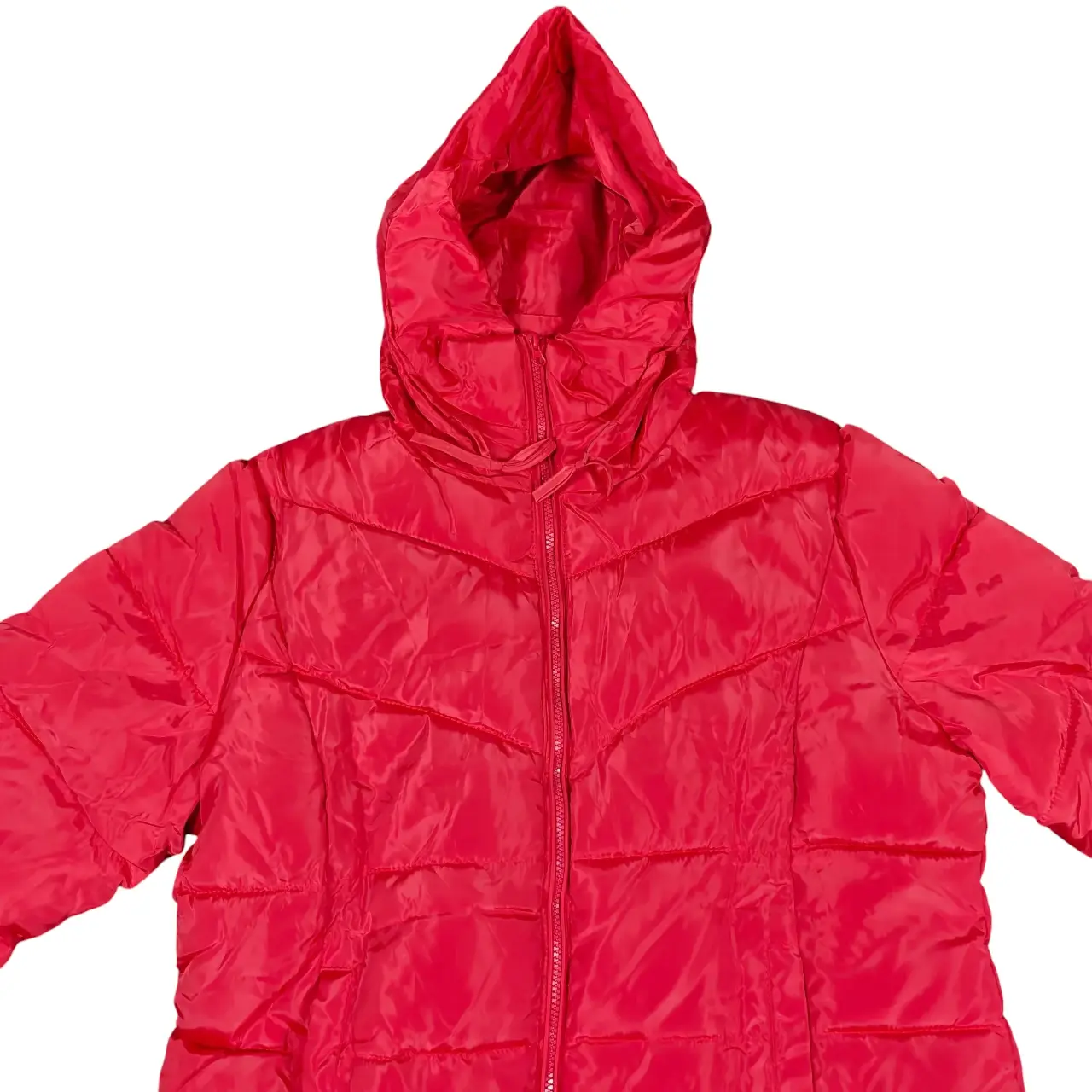 Women's Red Longline Hooded Puffer Coat Full Zip Quilted Jacket thumbnail 2