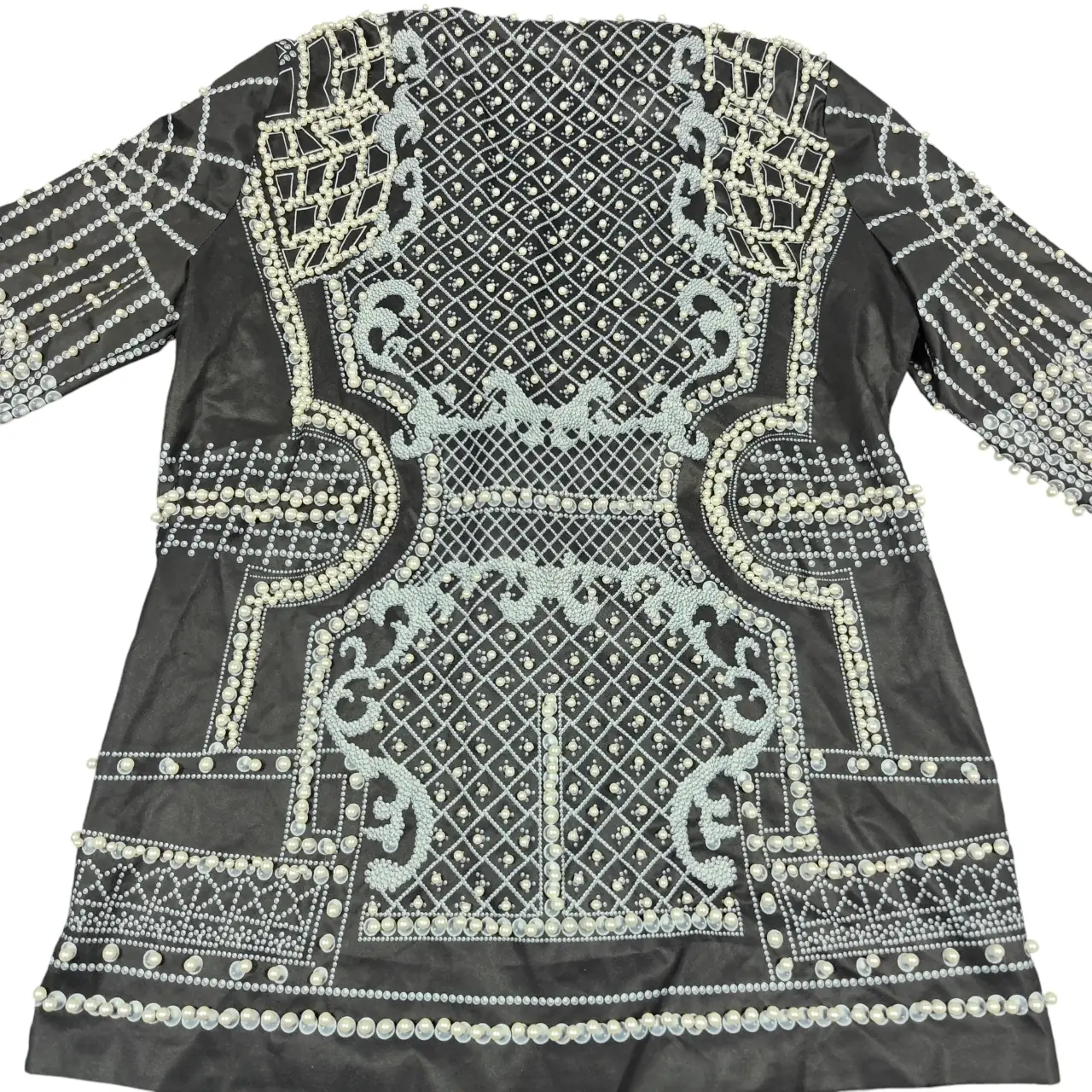 Faux Pearl Studded Baroque Print Open Front Blazer Jacket Black Plus Size 4XL thumbnail 7