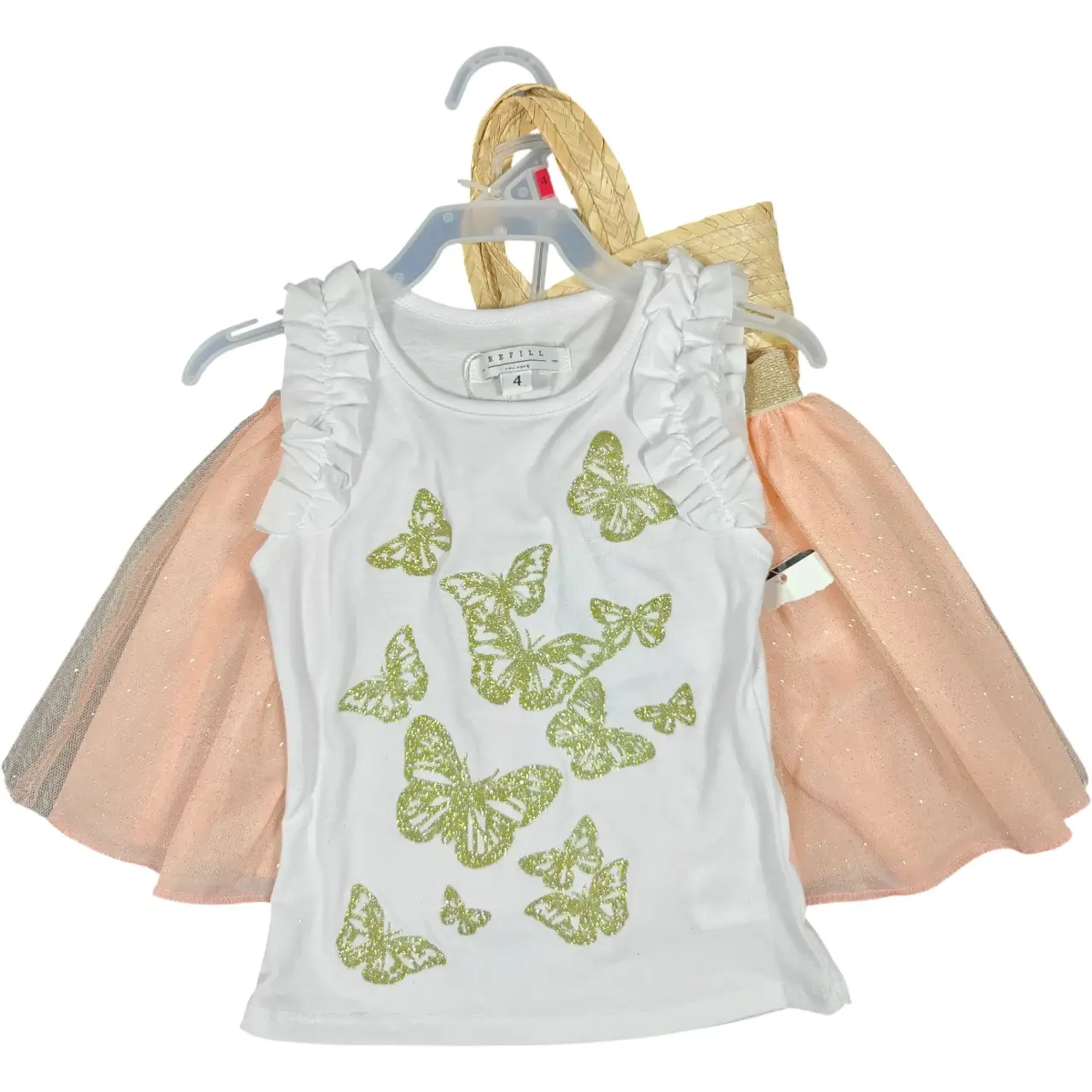 Refill Girls 3-Piece Outfit Set Butterfly Top Tulle Skirt & Straw Bag Size 4