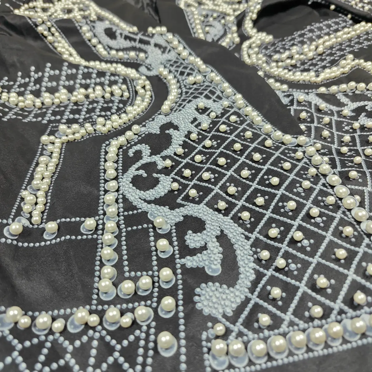 Faux Pearl Studded Baroque Print Open Front Blazer Jacket Black Plus Size 4XL thumbnail 3