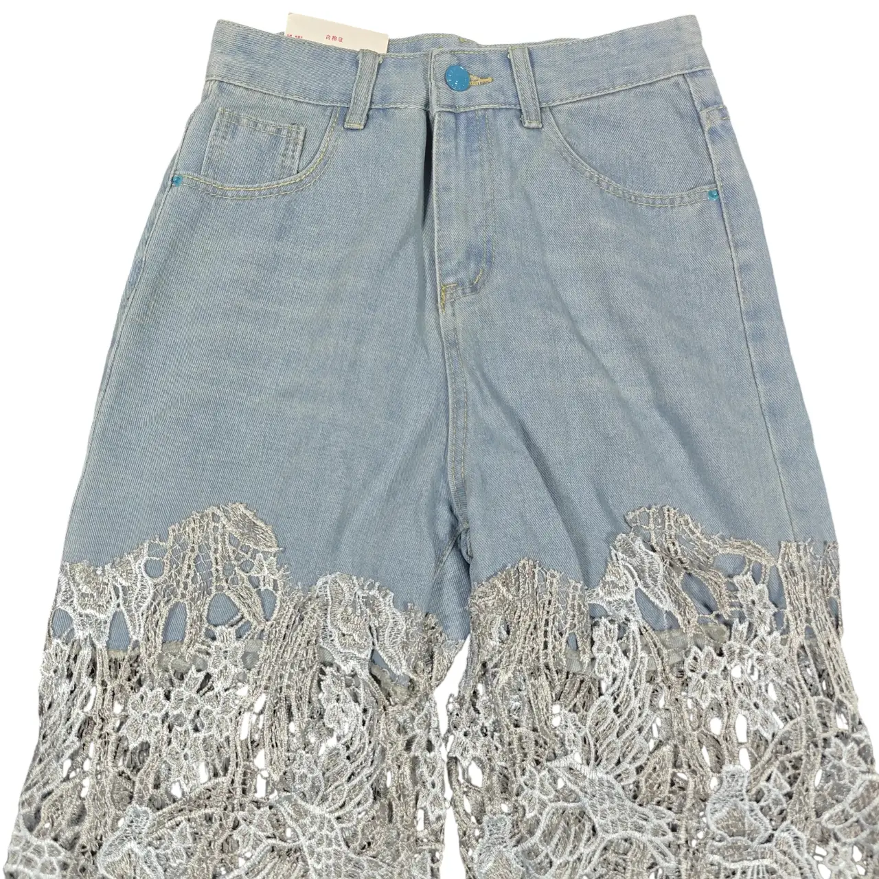 Women's High Rise Lace Patchwork Cutout Wide Leg Jeans Size M New thumbnail 2