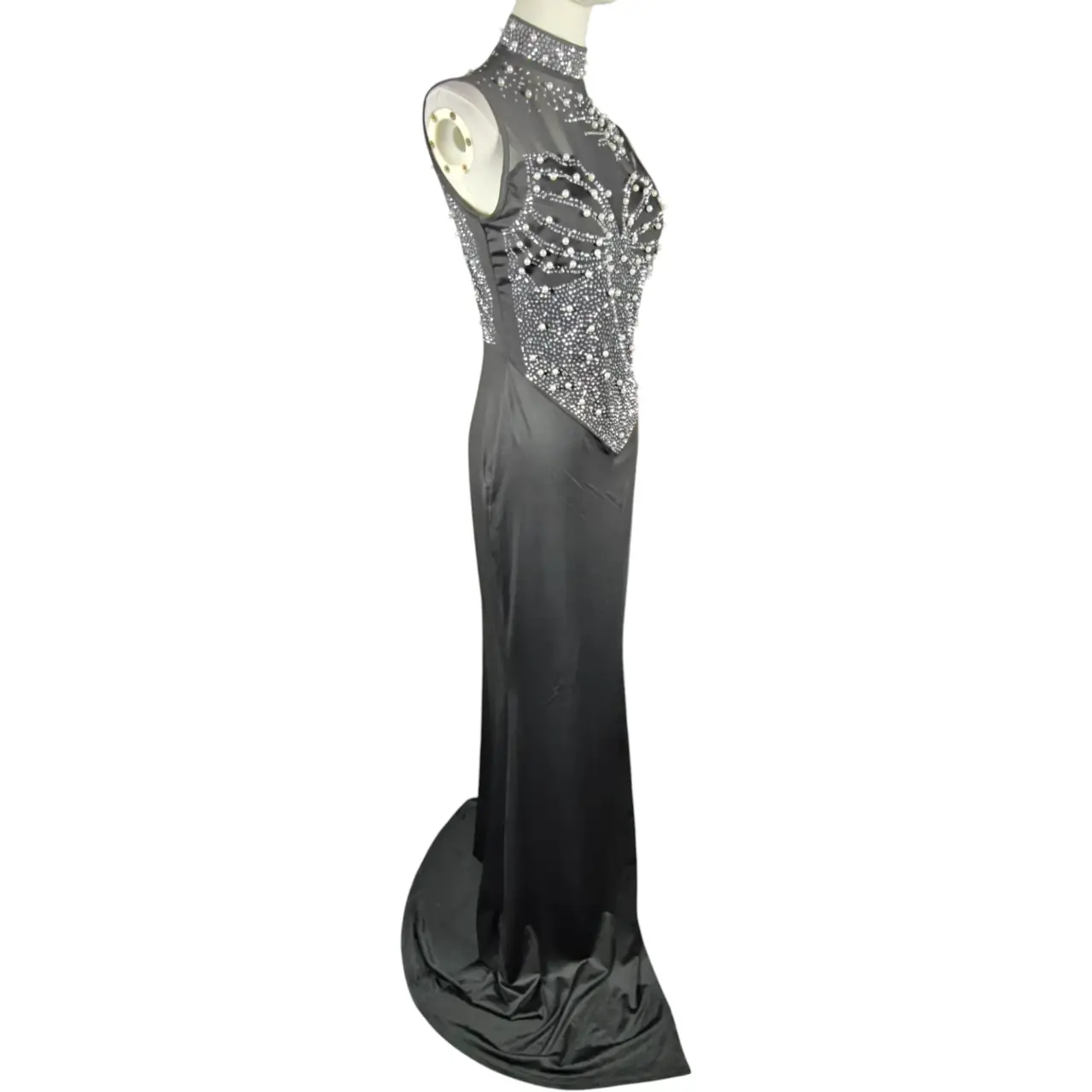Black Pearl & Rhinestone Embellished Illusion Slit Maxi Evening Gown Size L thumbnail 4