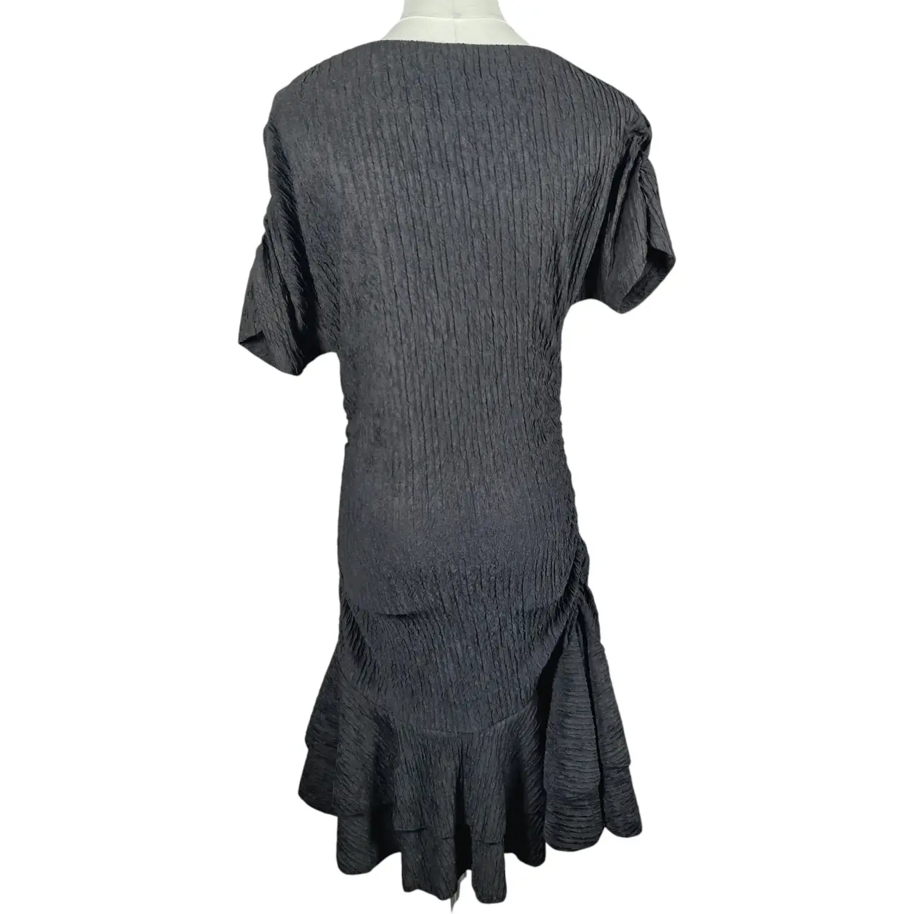 SHEIN Black Textured Crinkle Short Sleeve Ruffle Mermaid Hem Midi Dress Size L thumbnail 4