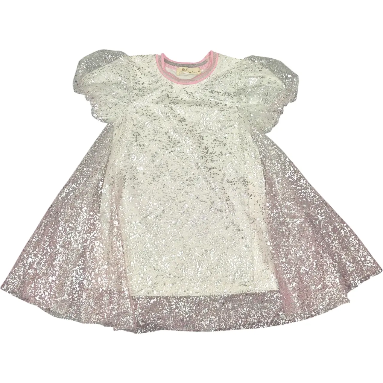 Doe A Dear Ombré Foil Print Mesh Puff Sleeve Dress Pink White Size 4T NWT