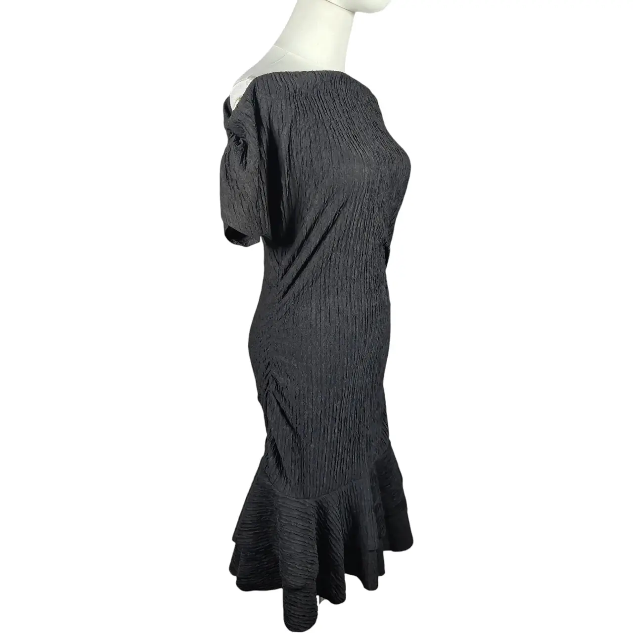 SHEIN Black Textured Crinkle Short Sleeve Ruffle Mermaid Hem Midi Dress Size L thumbnail 3