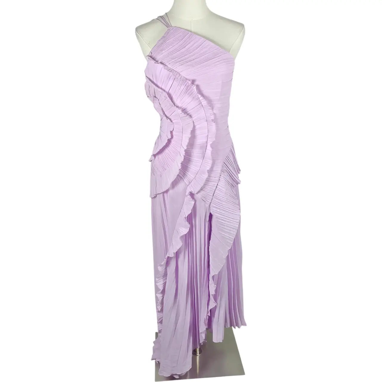 Lilac Pleated One-Shoulder Asymmetrical Tiered Ruffle Maxi Dress Size L thumbnail 2