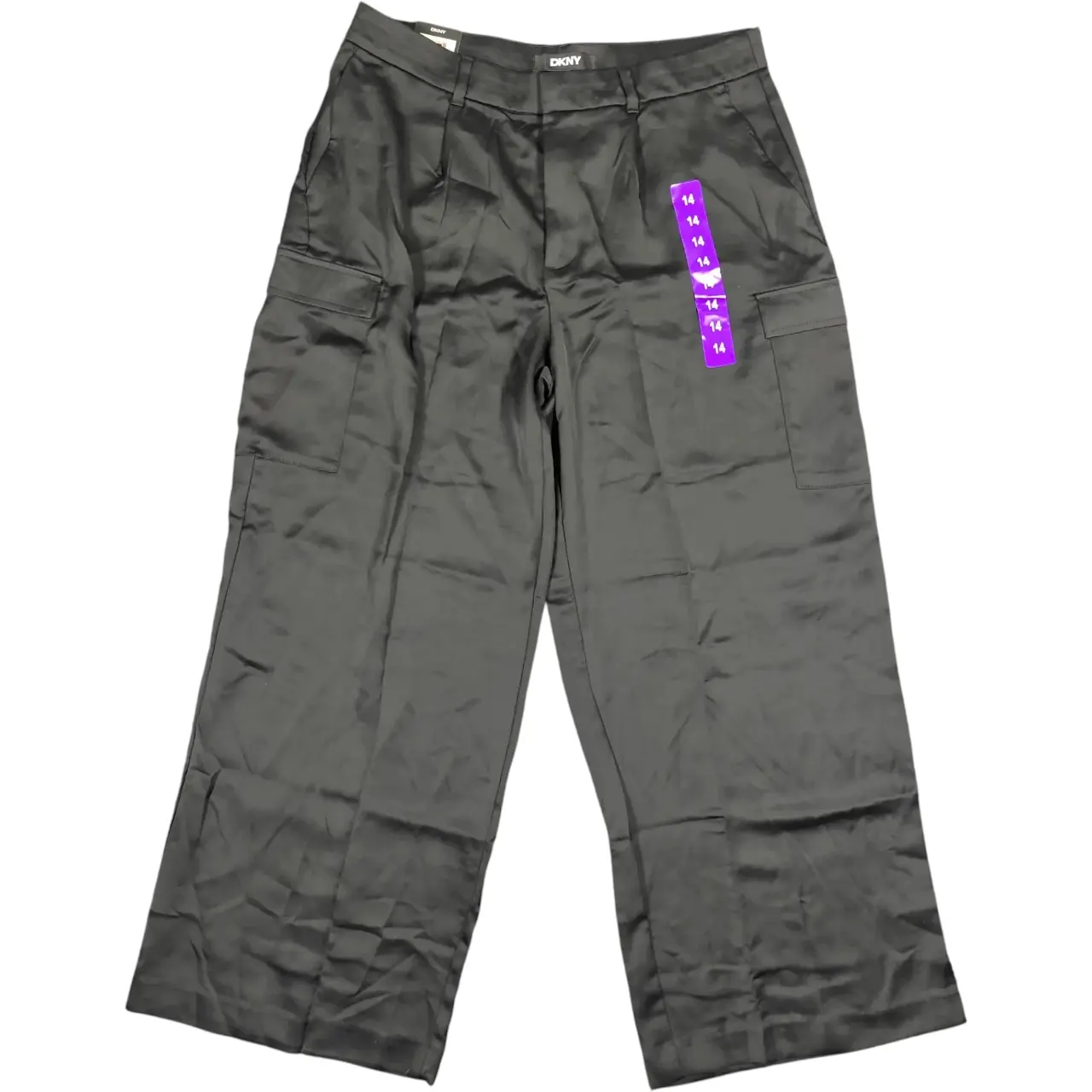 DKNY Women's Satin Wide Leg Cargo Pants Black Size 14 NWT