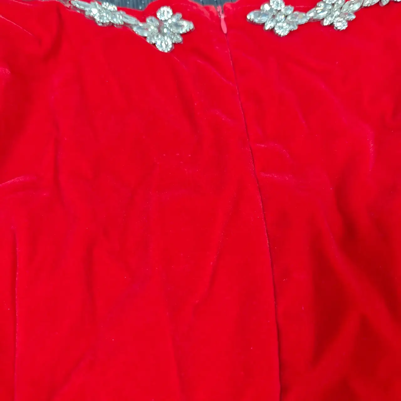 Red Velvet Crystal Embellished Square Neck Long Sleeve Mini Dress Size S thumbnail 5
