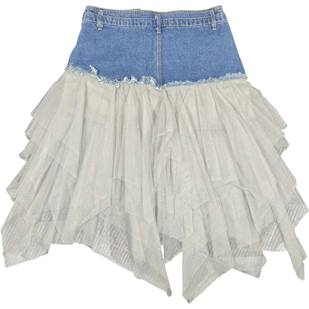 Jin Yuan Bao Denim Mesh Splice Tiered Tulle Asymmetrical Skirt Size XXL NWT thumbnail 2