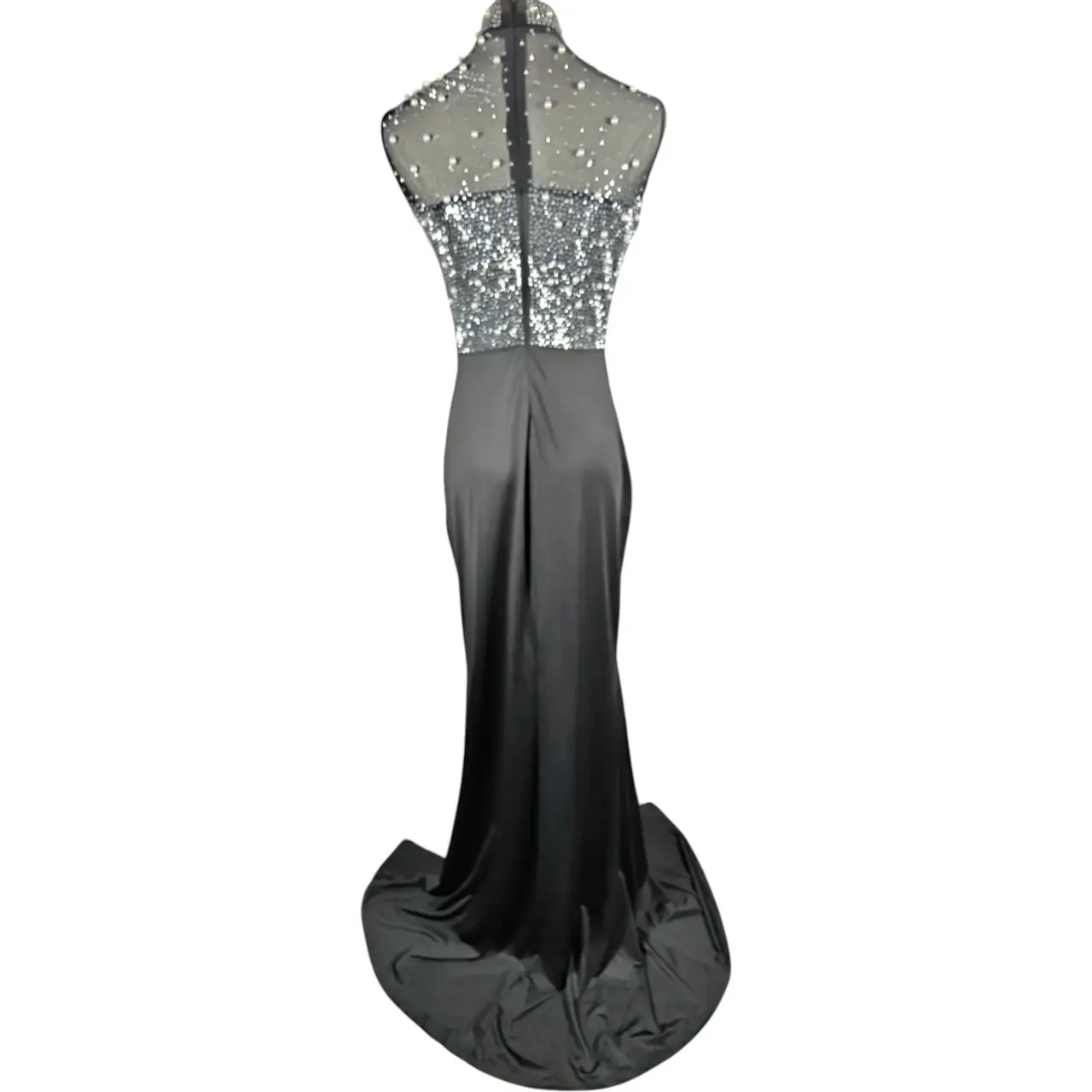 Black Pearl & Rhinestone Embellished Illusion Slit Maxi Evening Gown Size L thumbnail 5