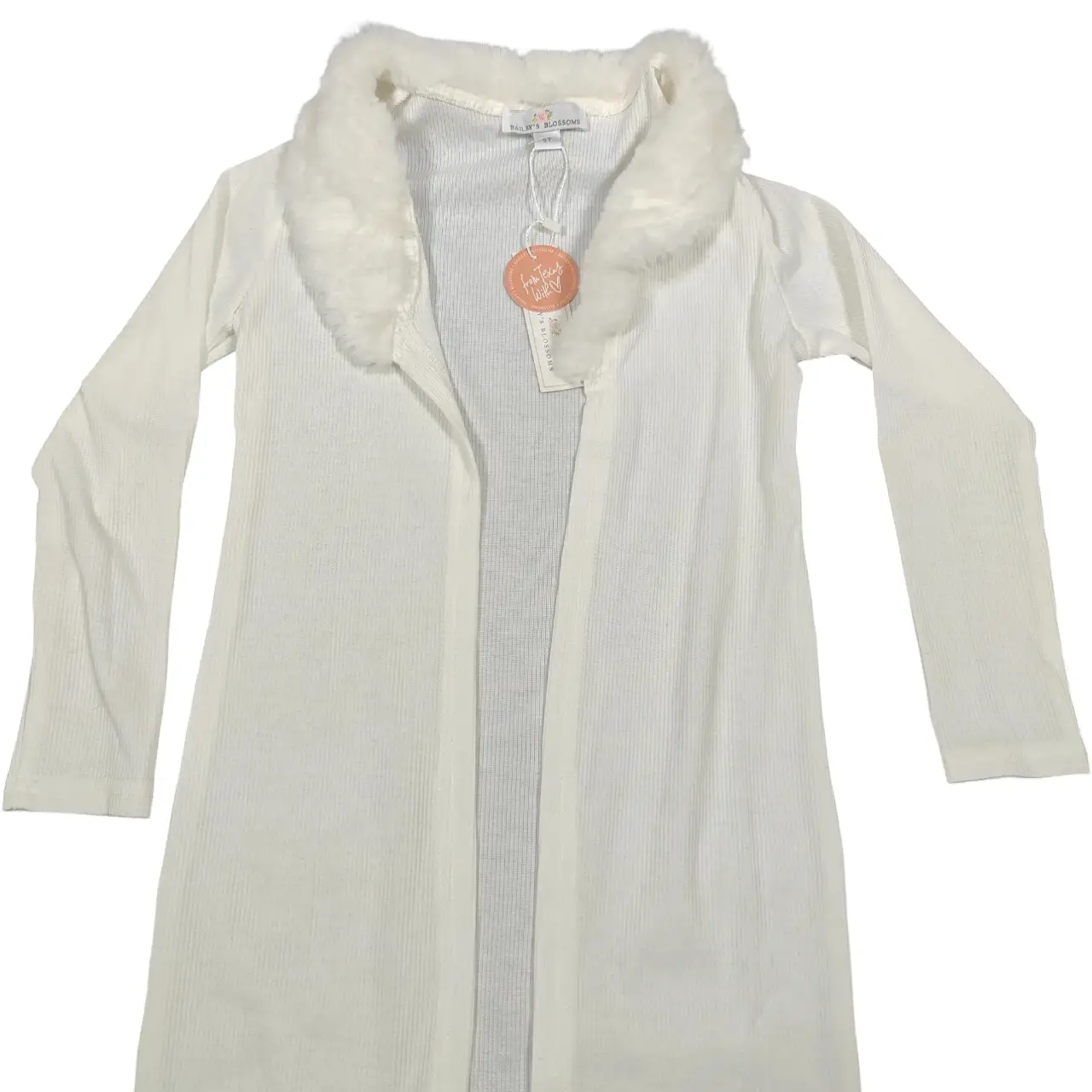 Bailey's Blossoms Girls Faux Fur Trim Ribbed Duster Cardigan Cream 5T NWT thumbnail 2