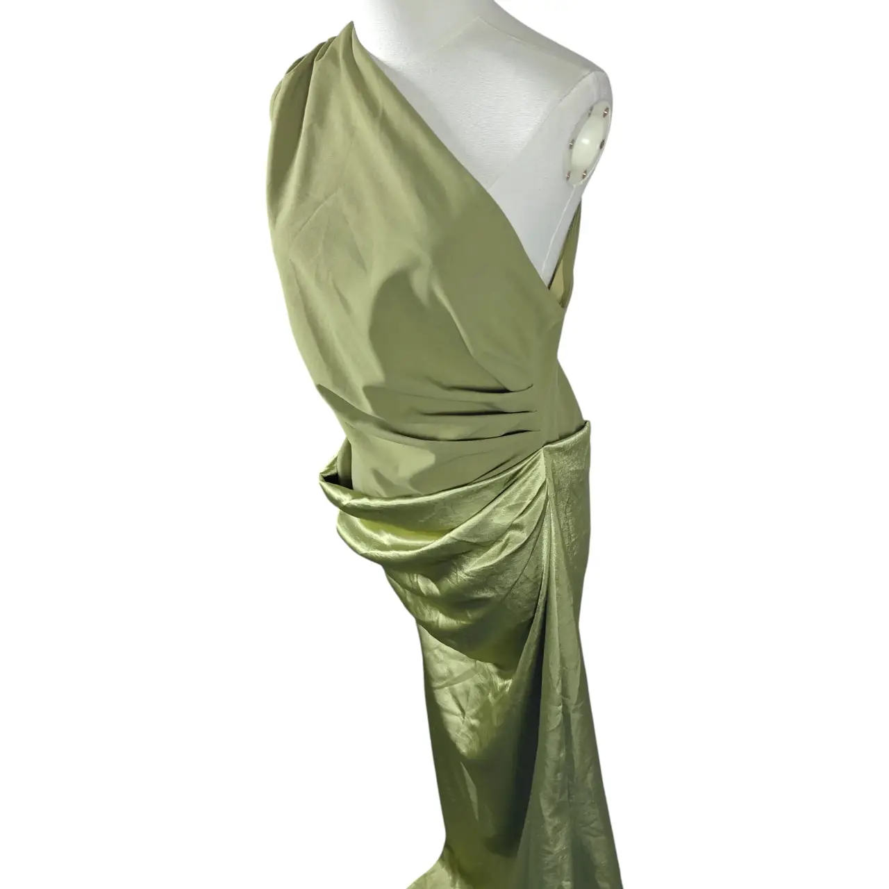 One Shoulder Ruched Satin Draped Maxi Dress in Olive Green thumbnail 2