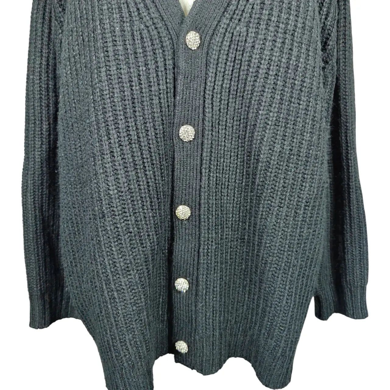 INC International Concepts Rhinestone Button Chunky Knit Cardigan Black XL thumbnail 2