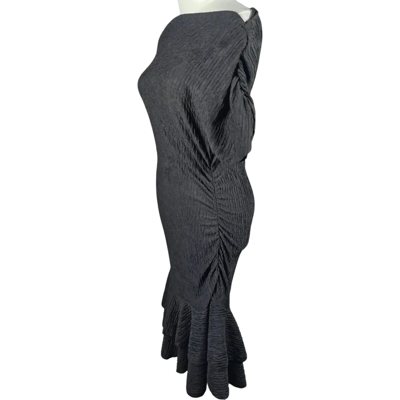SHEIN Black Textured Crinkle Short Sleeve Ruffle Mermaid Hem Midi Dress Size L thumbnail 2