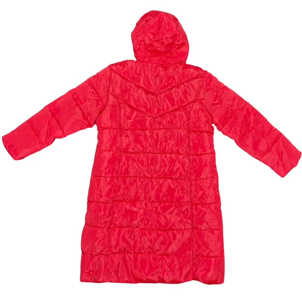 Women's Red Longline Hooded Puffer Coat Full Zip Quilted Jacket thumbnail 3