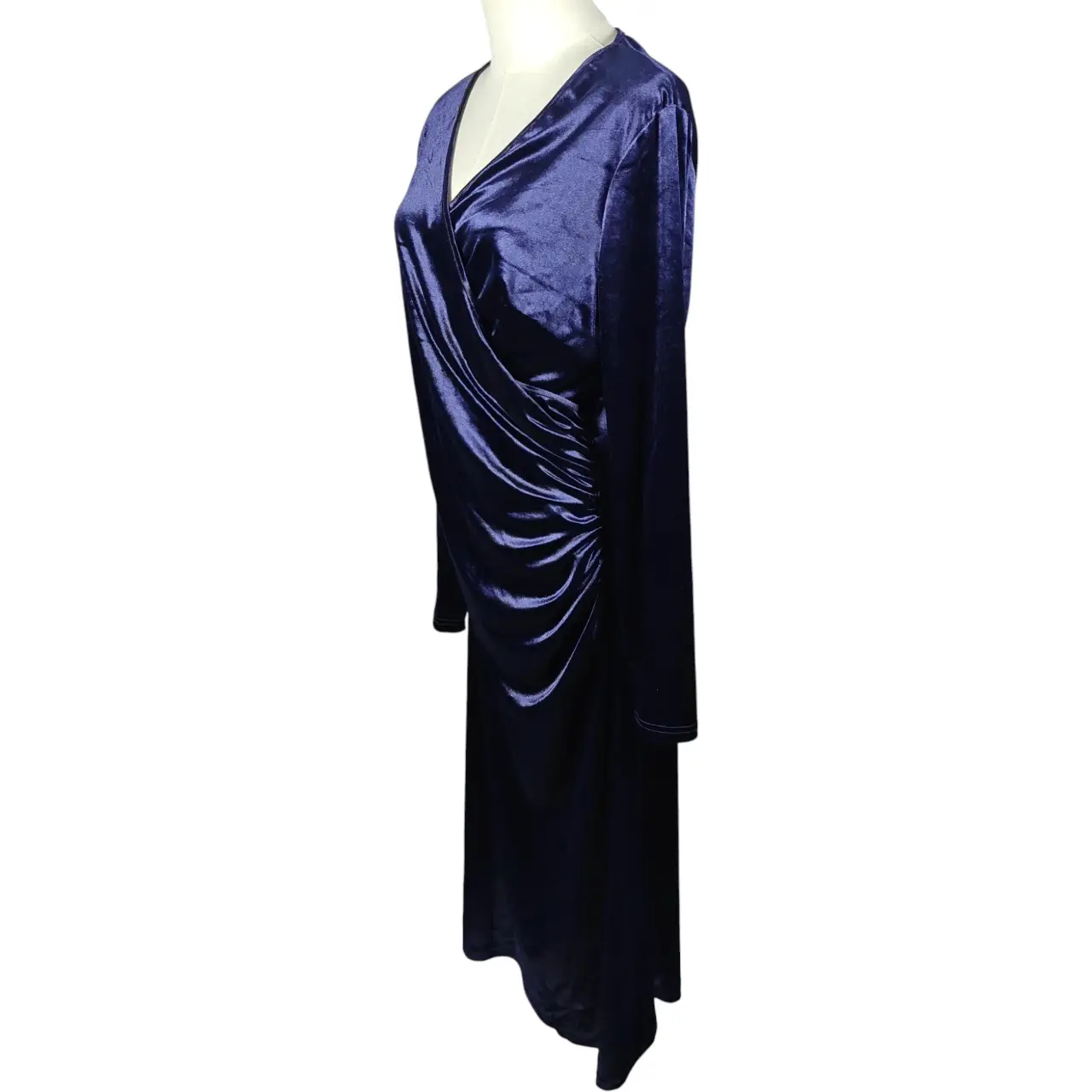 ZABERRY Women's Navy Blue Velvet V-Neck Ruched Wrap Midi Dress Size XL thumbnail 2