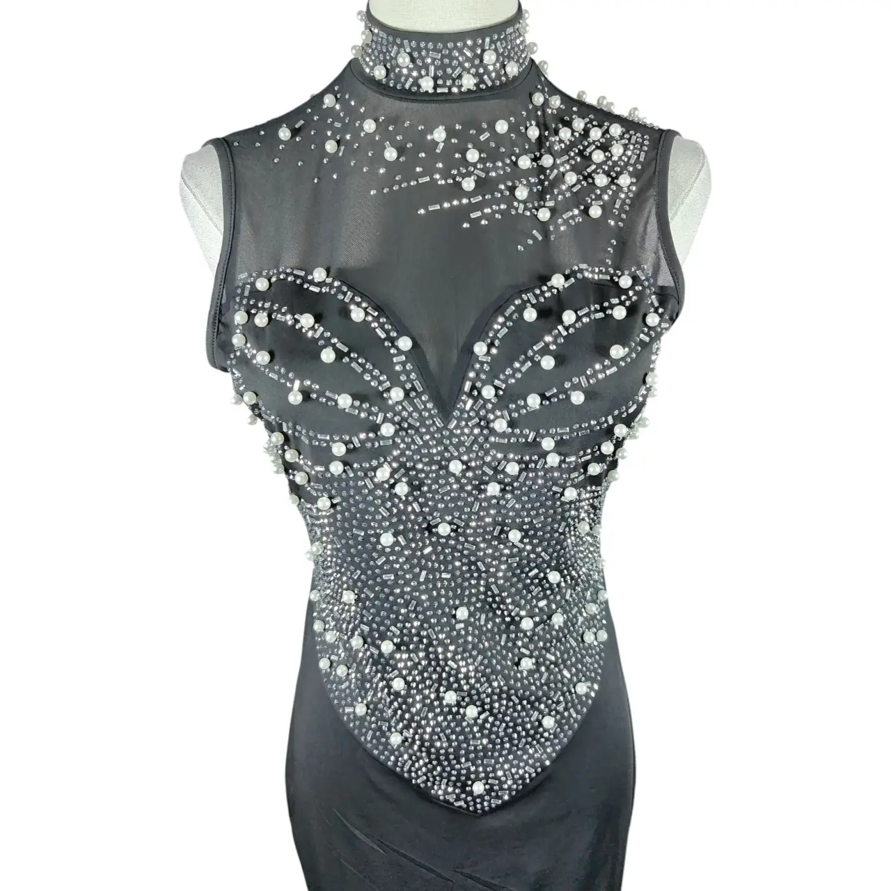Black Pearl & Rhinestone Embellished Illusion Slit Maxi Evening Gown Size L thumbnail 2