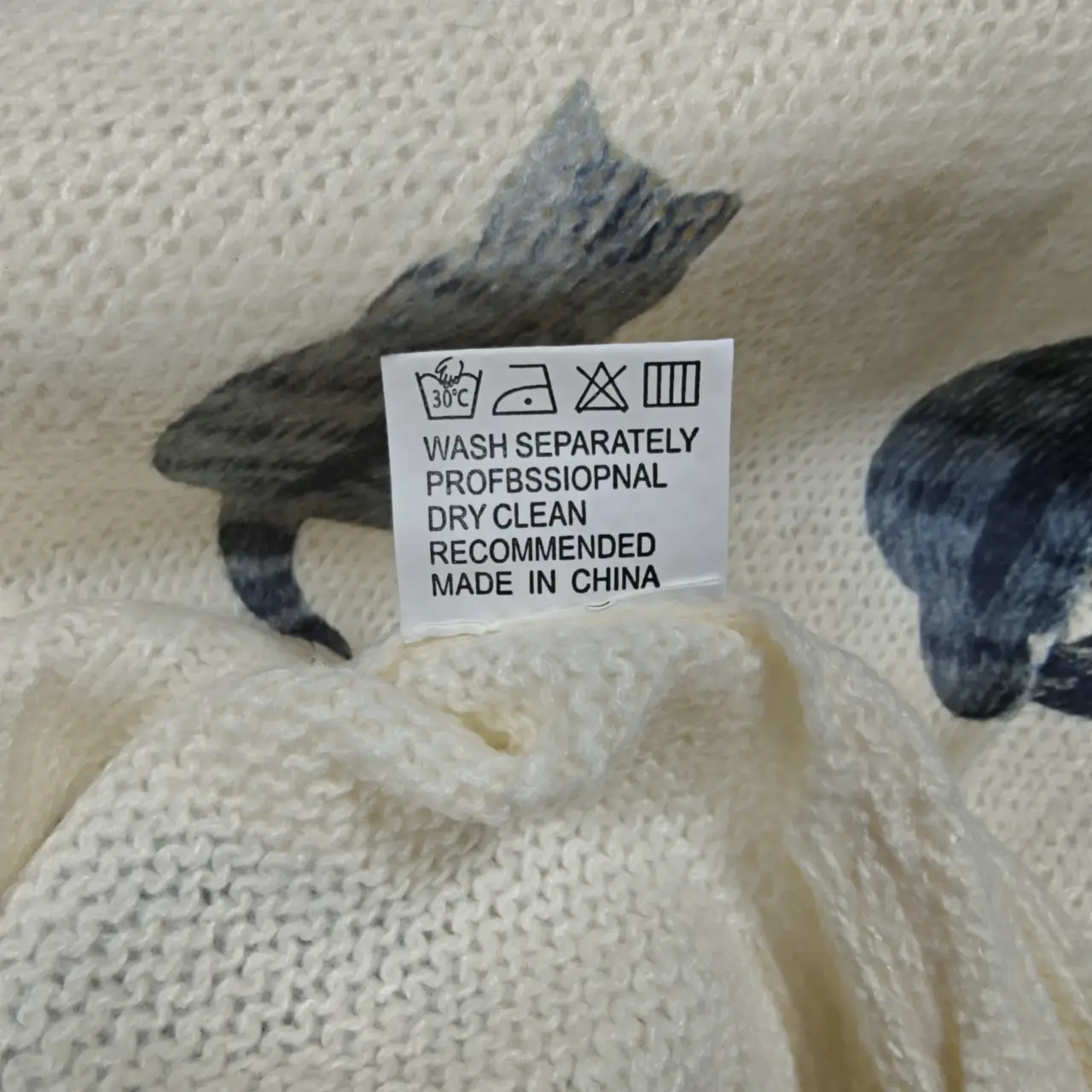 Cute Cat Print Button-Front Knit Cardigan Sweater Cream Size L thumbnail 7