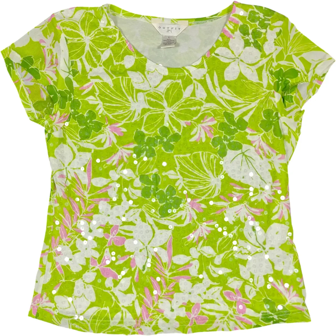 Outfit JPR Floral Sequin Short Sleeve Top Green Pink White Size L