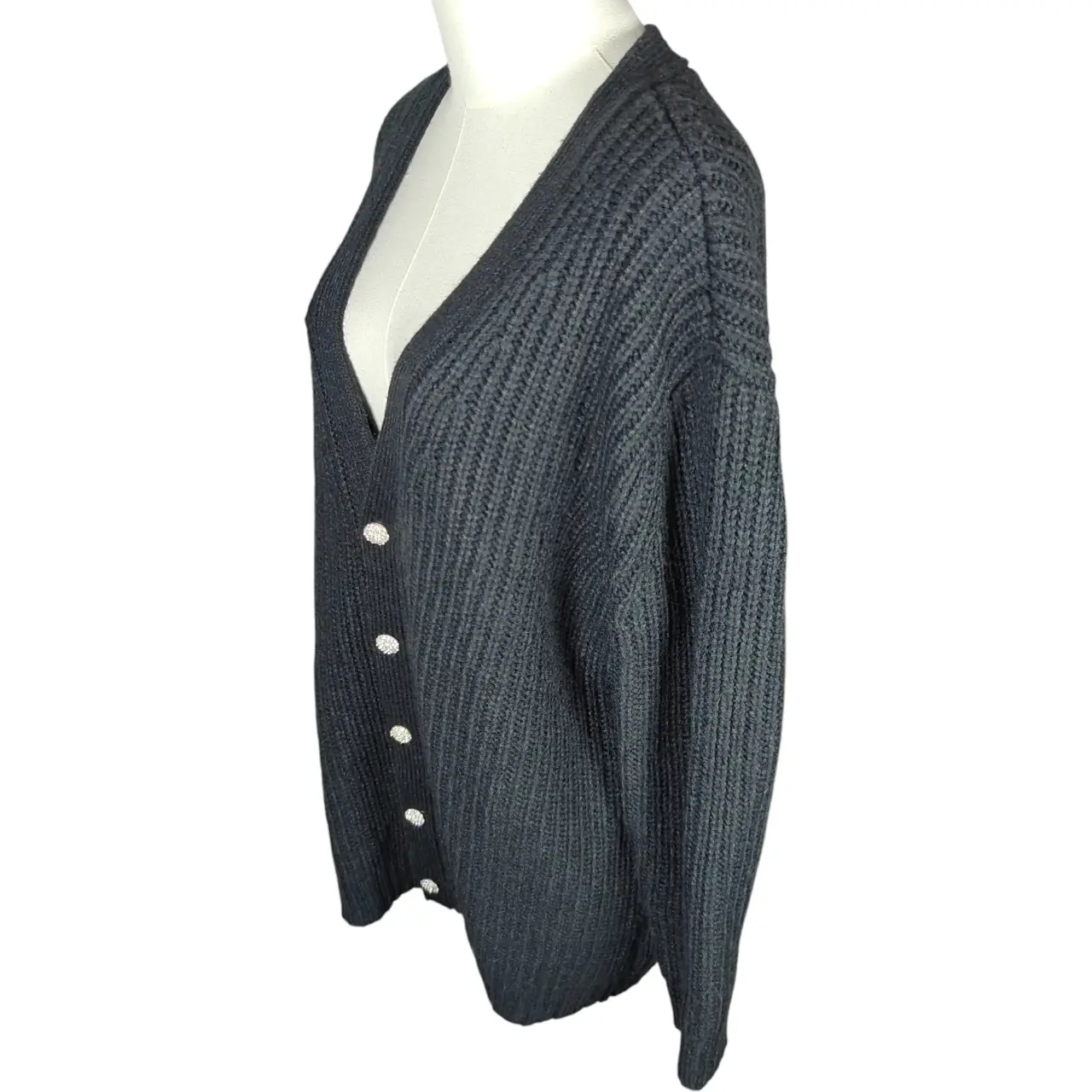 INC International Concepts Rhinestone Button Chunky Knit Cardigan Black XL thumbnail 3