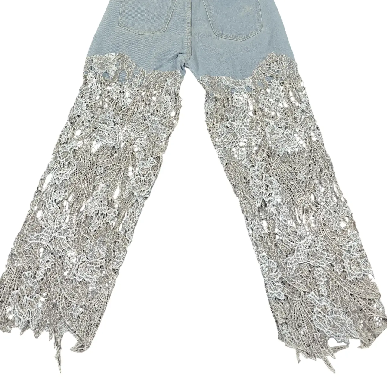 Women's High Rise Lace Patchwork Cutout Wide Leg Jeans Size M New thumbnail 6