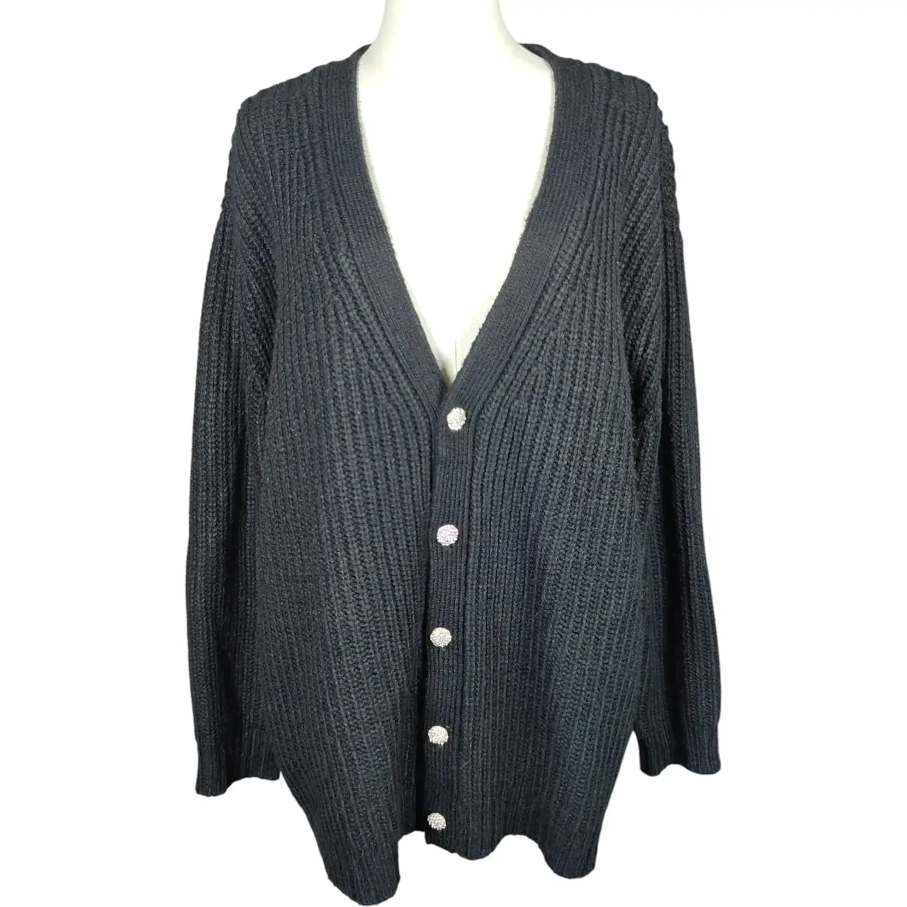 INC International Concepts Rhinestone Button Chunky Knit Cardigan Black XL