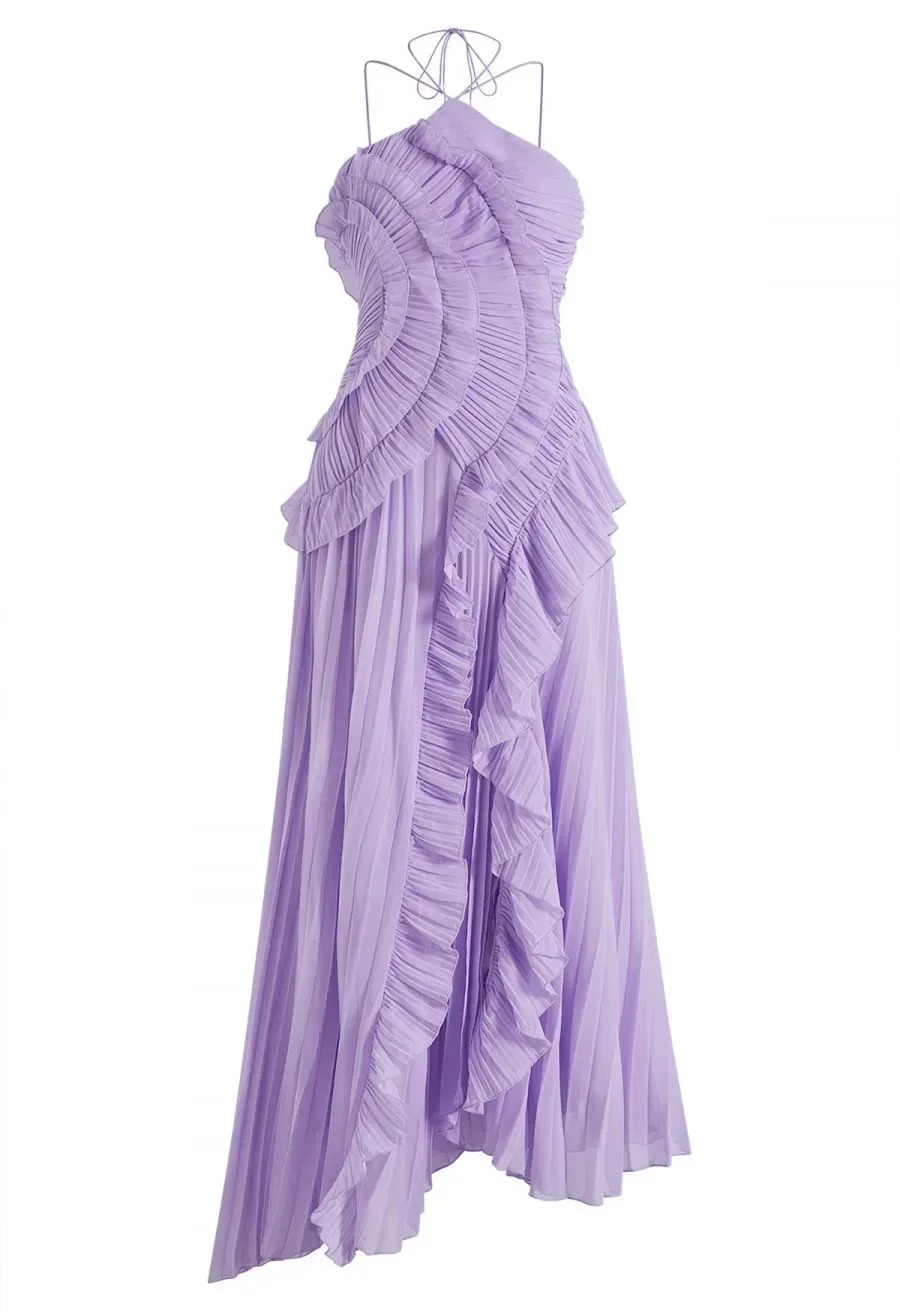 Lilac Asymmetrical Ruffle Pleated Maxi Dress Size S NWOT thumbnail 2