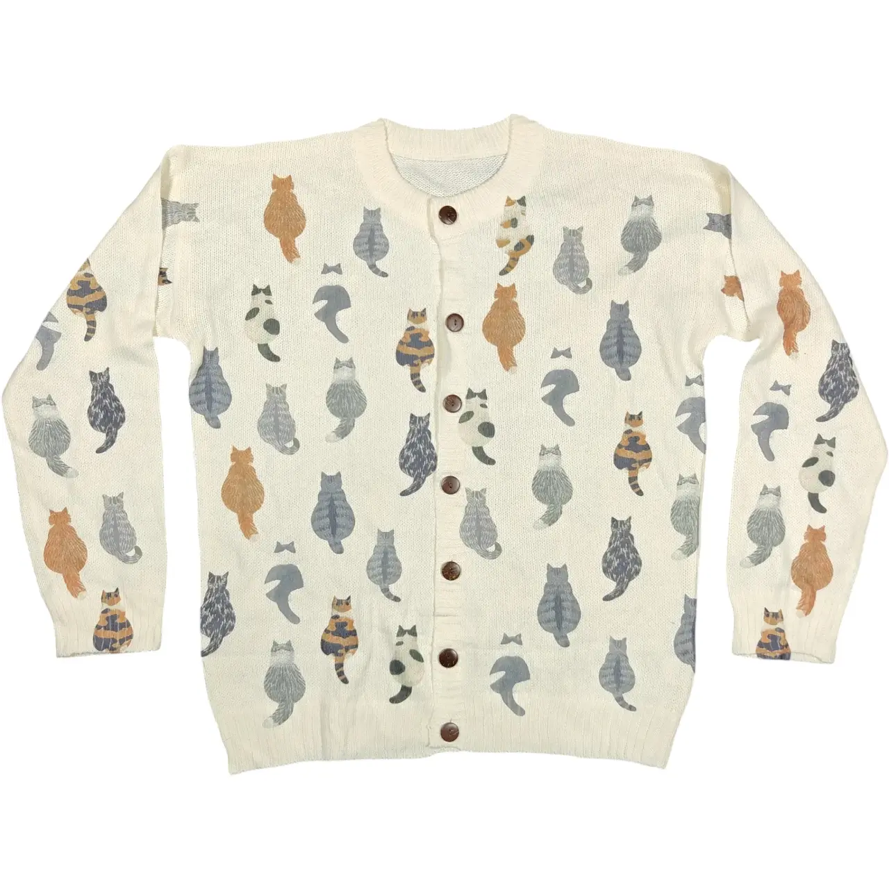 Cute Cat Print Button-Front Knit Cardigan Sweater Cream Size L thumbnail 2