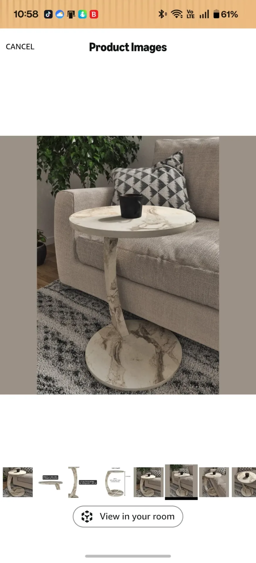 Furpinea White Marble Faux C-Shaped End Table Sofa Side Accent Modern thumbnail 4
