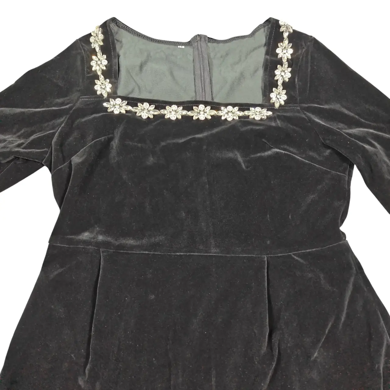 Black Velvet Rhinestone Square Neck Long Sleeve Mini Dress Size M thumbnail 2
