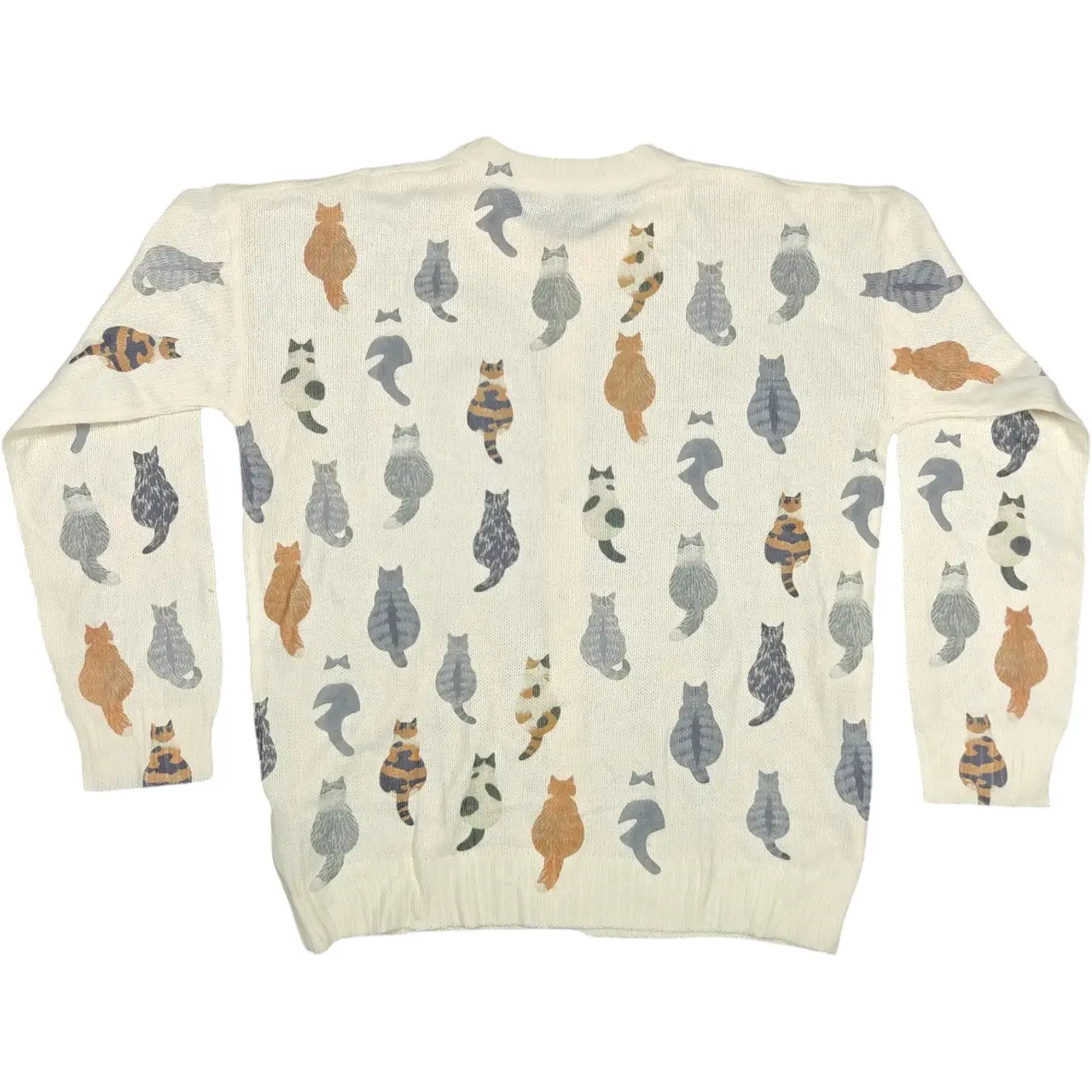Cute Cat Print Button-Front Knit Cardigan Sweater Cream Size L thumbnail 3