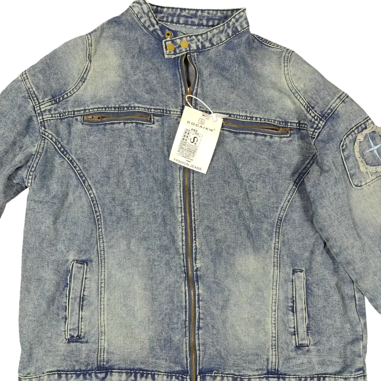 COCAIKW Men's Acid Wash Denim Moto Jacket Size 3XL Distressed Star Patch NWT thumbnail 2