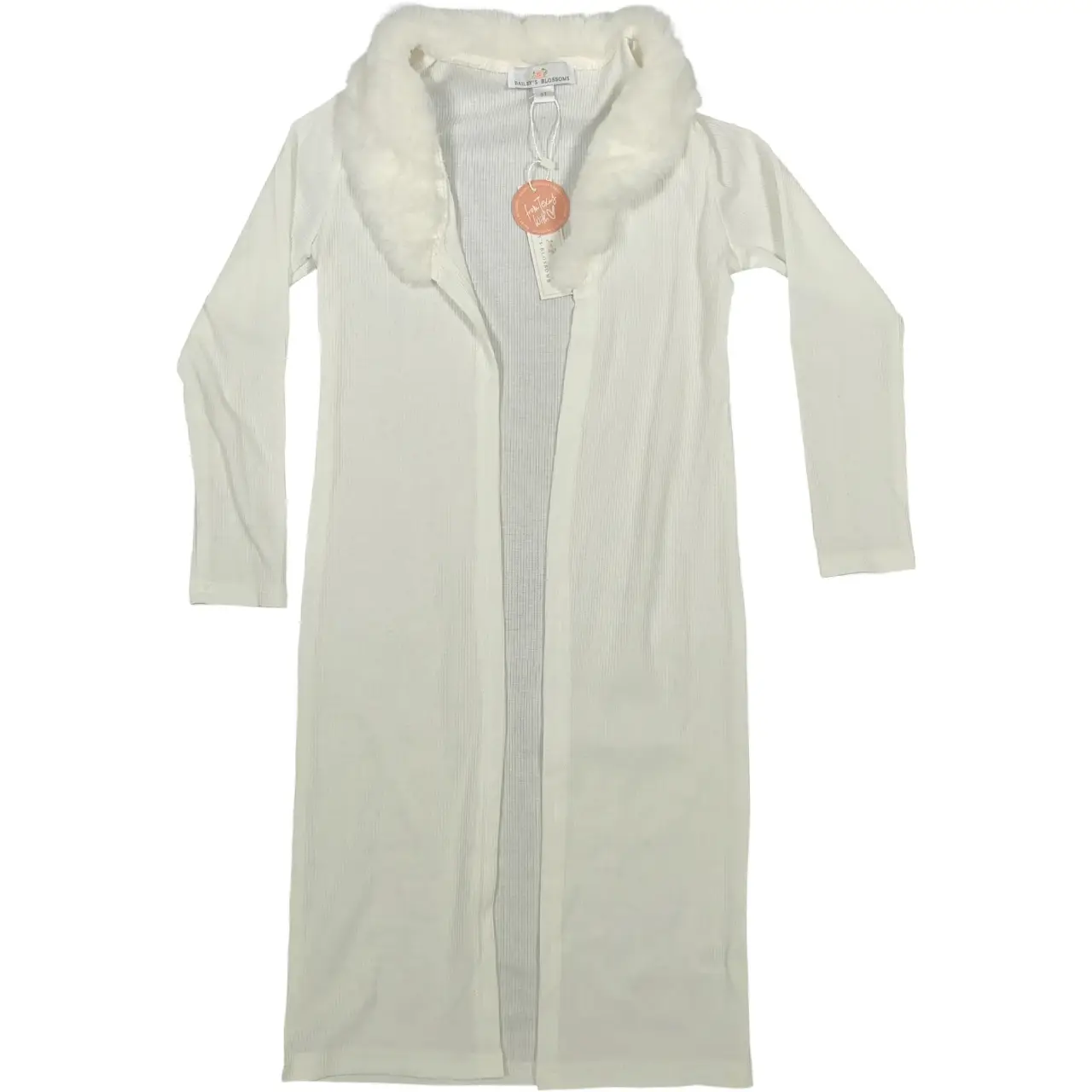 Bailey's Blossoms Girls Faux Fur Trim Ribbed Duster Cardigan Cream 5T NWT