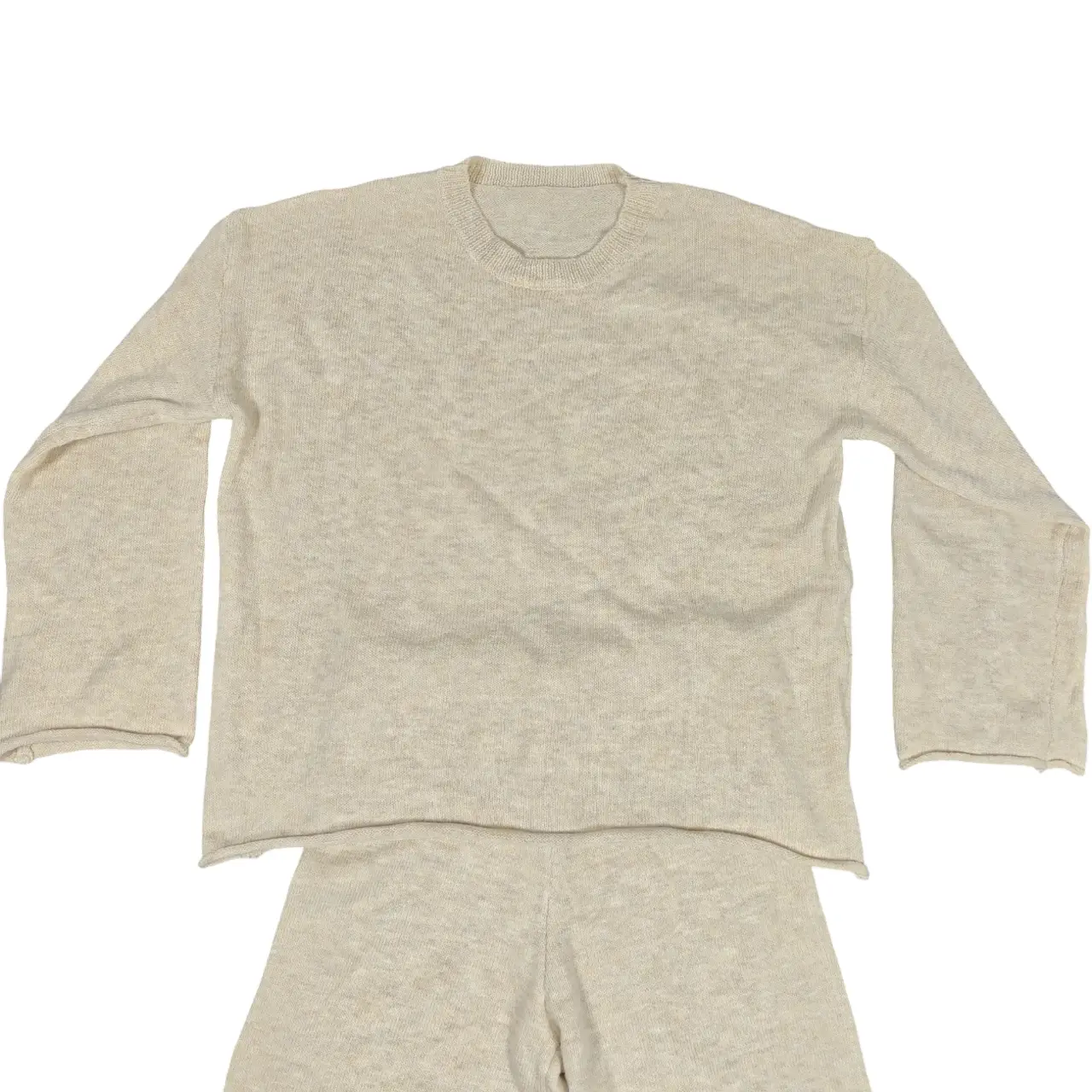 Knit Lounge Set Crewneck Sweater & Wide Leg Pants Cream Oatmeal Beige Size XL thumbnail 2