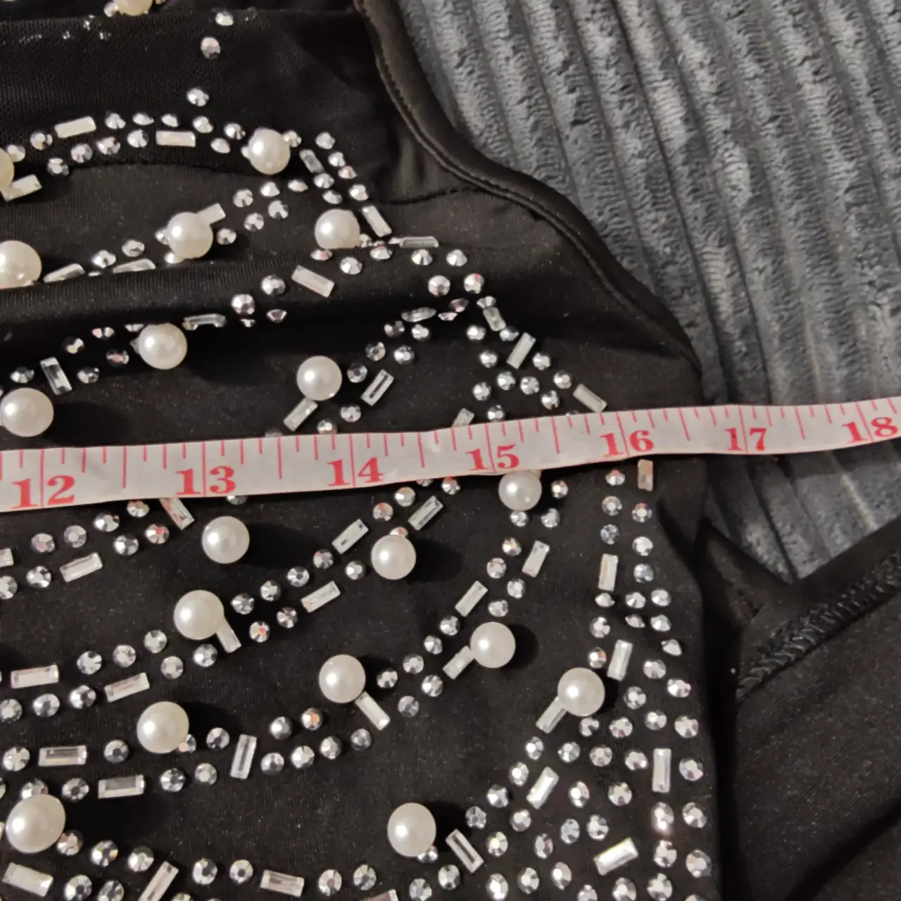 Black Pearl & Rhinestone Embellished Illusion Slit Maxi Evening Gown Size L thumbnail 10